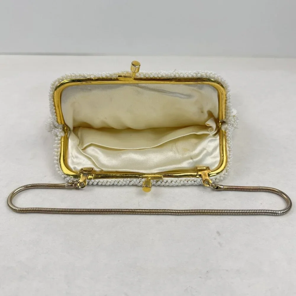 Vintage Womens White Beaded Geometric Floral Evening Bag Small Clutch Purse HK - Picture 3 of 12